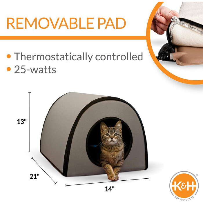 K&H Pet Products Термобудиночок для котів, утеплений, водонепроникний, з підігрівом, для вулиці, знімний чохол, безпечний, малий, 53,3×35,6×33 см, сірий