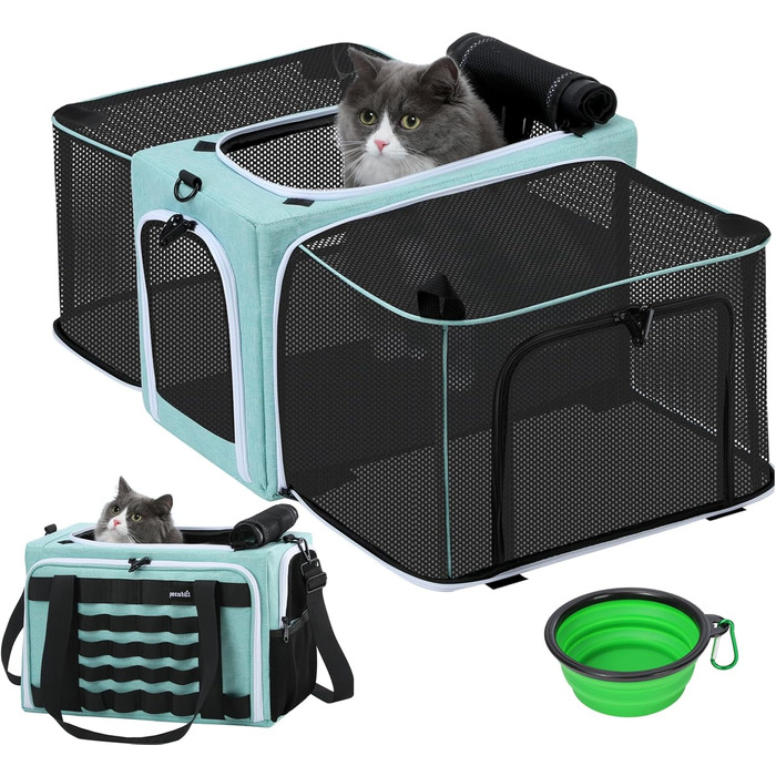 Транспортна переноска для котів Pecute, розширювана, для 2 котів, велика переноска для собак та цуценят, складана переноска-сумка для котів, аква-зелений колір