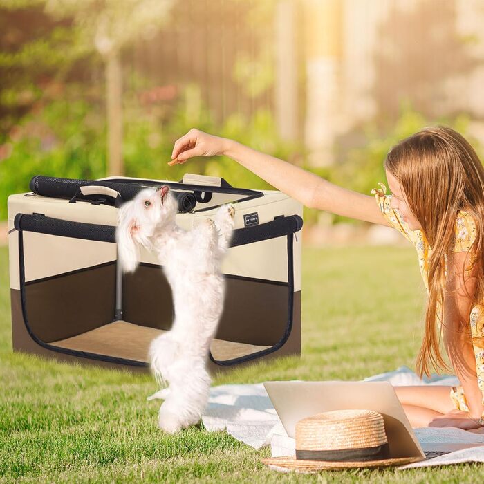 Складаний контейнер Petsfit для великих собак, домашній транспортний бокс, регульований дизайн, сітчасті вікна, розмір L (76×50×49 см), колір кава