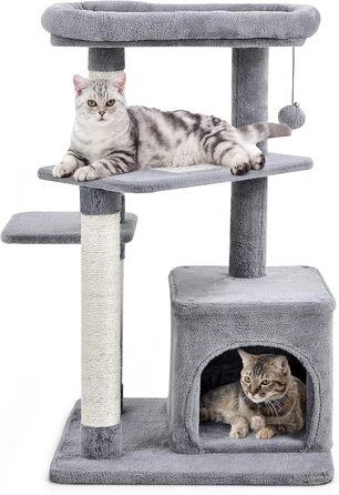 Дряпак для котів COSTWAY, 85 см, з будиночком, м'яким сидінням, м'ячиком та сизалевими стовпчиками, сірий