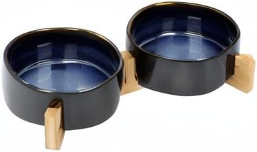 Набір мисок для собак та котів SPUNKYJUNKY з кераміки, 2 шт., 400 мл, блакитний, з підставкою з бамбука