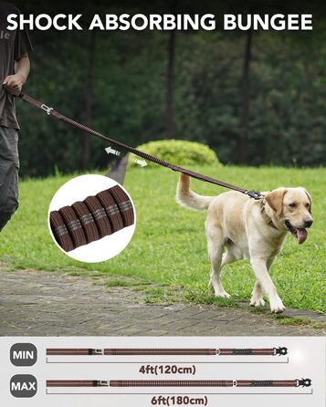 Тактична повідок для собак Joytale, еластична повідок з 2 м'якими ручками, страхувальний ремінь для автомобіля, повідок без ривка для собак середніх, великих та екстра-великих порід (1.2м-1.8м, коричнева)