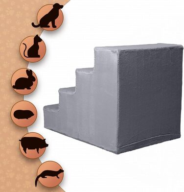 Сходинка для собак Mg Design з 4 ступенями сірого кольору – стабільна дерев'яна рамка, захищає суглоби, легка та мобільна, для диванів та ліжок, для собак та котів. Розміри: 57 x 40.5 x 45 см