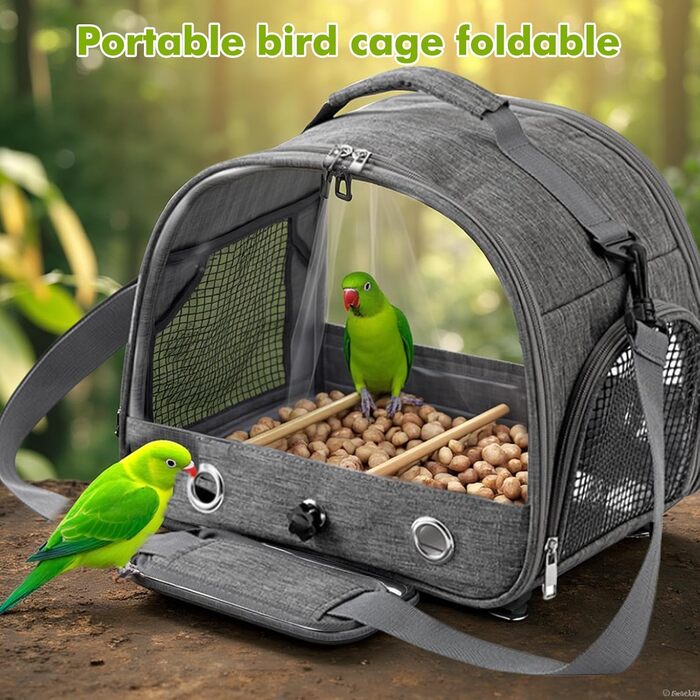 Транспортна сумка для птахів Vogel з ручкою та металевим підносом, переносна клітка, сумка для подорожей з папугами, рюкзак для птахів з дерев'яною ручкою, переносна сумка для маленьких тварин, переносна клітка для птахів (Сірий)