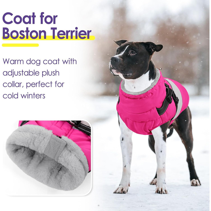 Зимовий теплий одяг для собак SUNFURA: великий одяг з інтегрованим шлейкою, водонепроникний флісовий одяг для собак, теплий одяг для собак з капюшоном з хутром, для Французького бульдога (X-Small, яскраво-рожевий)