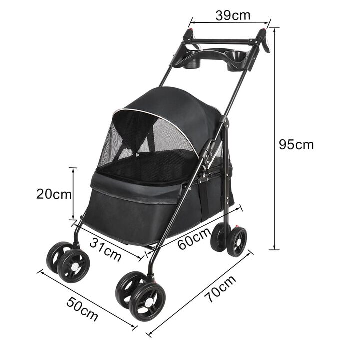 Візок для собак та котів OHMG, складний, до 20 кг, чорний, з гальмом 360° та великим кошиком