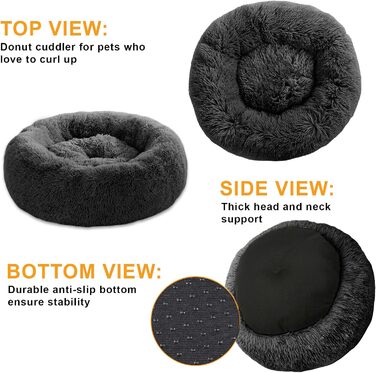 М'яке ліжко для собак та котів у вигляді пончика, плюшеве, кругле, 58 см, темно-сіре