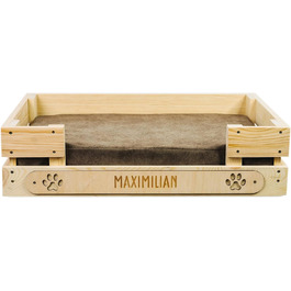 Персоналізоване ліжко для котів LAUBLUST з іменем - гравіювання лапок та імені - котяче ліжко/софа для великих та маленьких котів | Ліжко-лежанка з дерева з подушкою | приблизно 60x40x15см, коричневе з коричневою подушкою