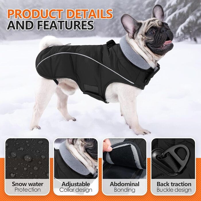 Зимова куртка для собак середніх та великих порід: тепла флісова жилетка, водонепроникна, з D-початком, шнурком та 2 еластичними стрічками, чорного кольору, розмір L
