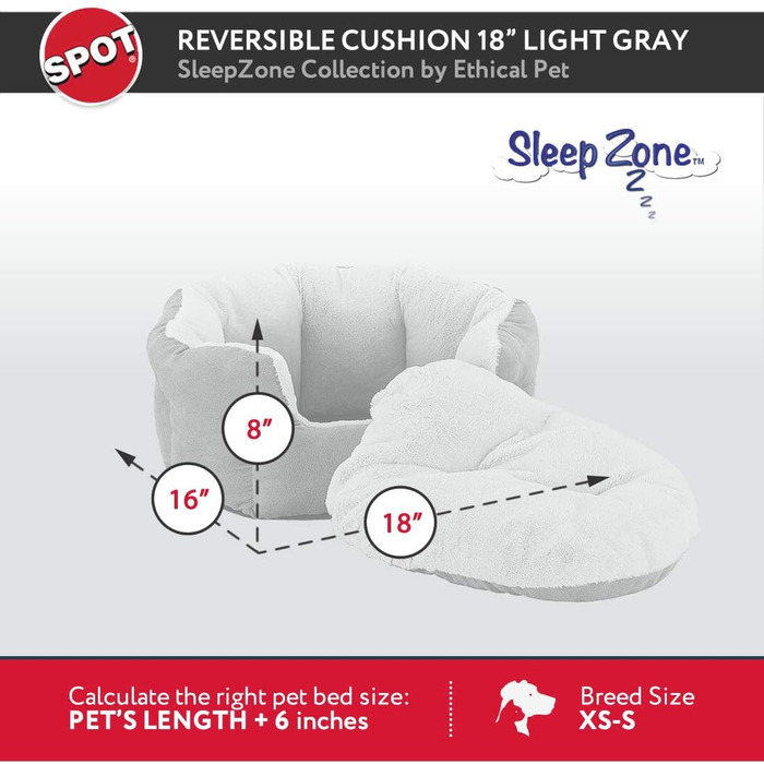 Ліжко для цуценят і котів SPOT Sleep Zone, м'яке, двостороння подушка, 46×41 см, світло-сіре, для малих собак і котів, преміум якість, що переться