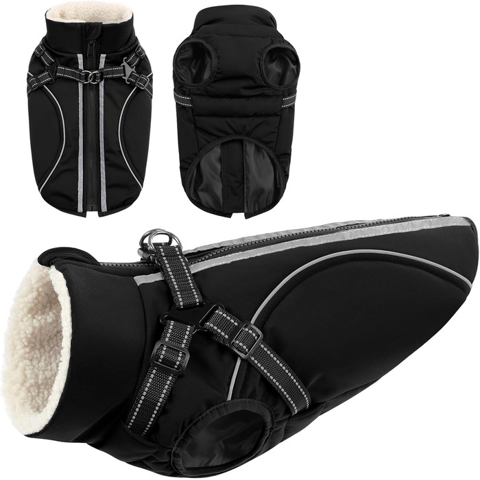 Теплий зимовий одяг для собак: куртка з блискавкою, вітрозахисна, з відбиваючими смугами та нагрудником для маленьких, середніх та великих собак (S, чорний)