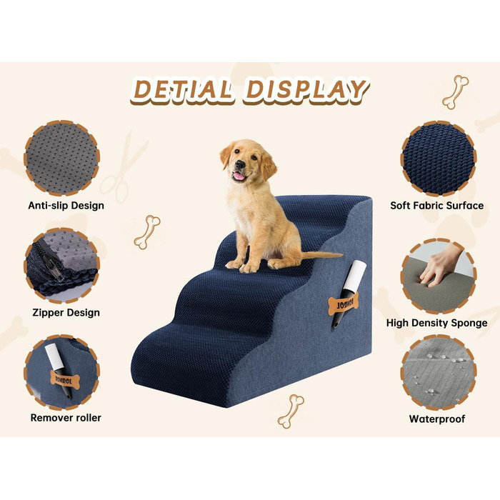 Сходинки для собак та котів Romrol – 4 сходинки, м'який Memory Foam, неслизьке покриття, для захисту суглобів, синій