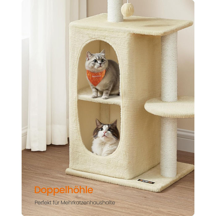 Дряпка для котів Feandrea, кігтеточка з 2 будиночками, кігтеточки, для багатокотових сімей, кошенят, PCT005G01 (пісочно-бежевий)