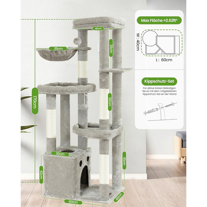 Комплекс для котів Kratzbaum XL 170 см: Дряпка-стовп, будиночок, платформа, гамак - Сірий котячий будинок