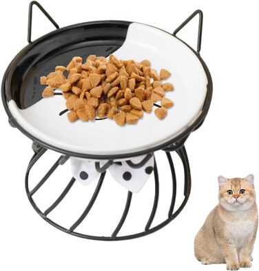 Керамічна миска для котів з металевим підставкою, піднята миска для котів Anti-Erbrechen, плоска керамічна миска для корму та води для котів та маленьких собак (Чорний)