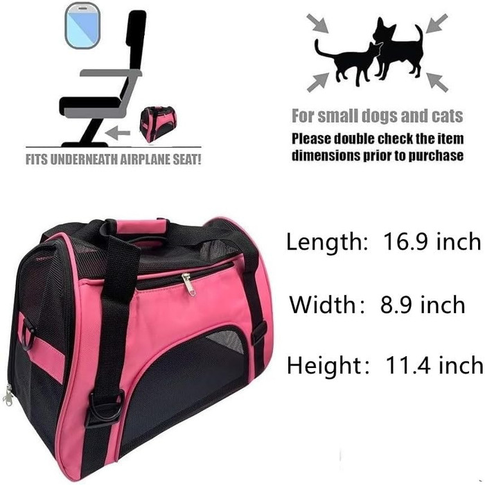 Транспортна сумка для тварин Tiyolat, схвалена авіакомпаніями, для котів та собак, рожева, 16.9'L x 8.9'W x 11.4'H