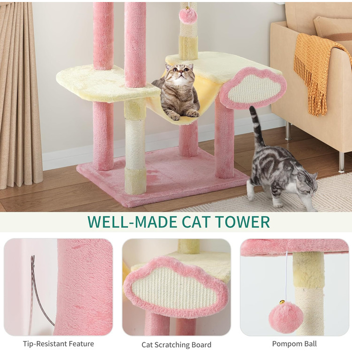 Кліматичний комплекс для котів YITAHOME XXL, 142 см, рожевий, з 8 стовпчиків сизалю, 3 платформи, 2 печери, гамак, іграшки, когтеточка, для дому