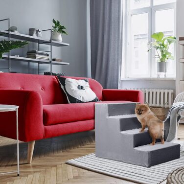 Сходинка для собак Mg Design з 4 ступенями сірого кольору – стабільна дерев'яна рамка, захищає суглоби, легка та мобільна, для диванів та ліжок, для собак та котів. Розміри: 57 x 40.5 x 45 см