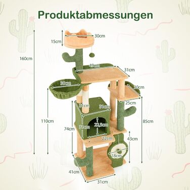Драбина для котів COSTWAY Kaktus, 160 см, з будиночком, платформами, сизалевими стовпчиками, кошиком, дряпалкою та іграшками. Зелено-помаранчевий котячий комплекс