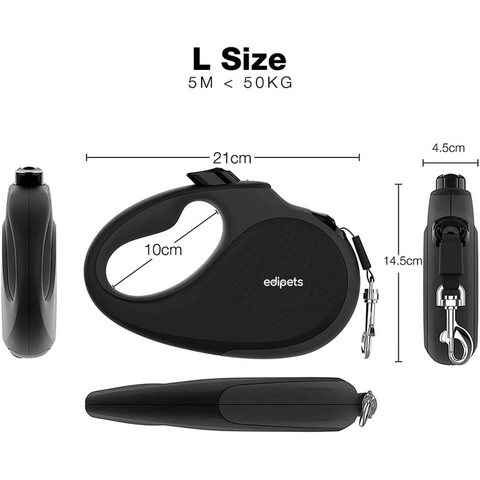 Hundeleine Edipets висувна та звичайна, 5 м, 360° без переплутування, нейлон, для маленьких, середніх та великих собак (Чорний, L)