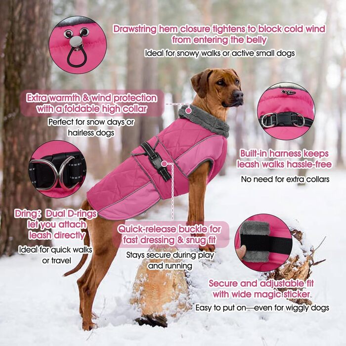 Водонепроникний зимовий теплий нашийник для собак QBLEEV, фліс, для холодної погоди, рожевий (Medium)