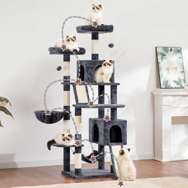 Комплекс для котів Kratzbaum GCT032W (180 см, димчасто-сірий) з 7 стовпчиками, 2 платформами, 2 печерами та 2 дошками для дряпання