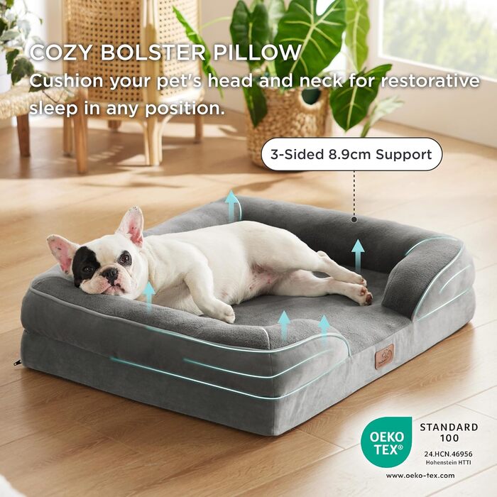 Ортопедичне ліжко для собак BEDSURE - 71x58 см. М'яке ліжко-софа для маленьких собак, сіре. Зручне, миється, не слизьке. Розміри: 71 x 58 x 17 см