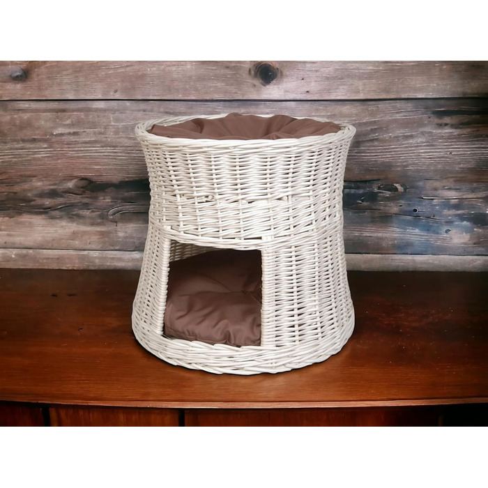 Кігтеточка-будиночок для котів: двоярусне ліжко з плетіння з лози, діаметр 50 см, з подушкою, білий колір