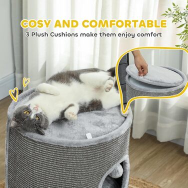 Кігтеточка Pawhut для котів, модульна, з блискавкою, розбірна, 3 яруси, 2 м'ячики, хованка, висота 69 см, сіра