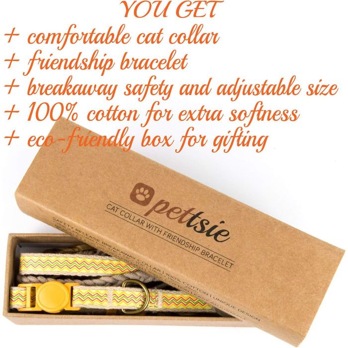 Нашийник для кота Pettsie з безпечною застібкою та браслетом дружби, міцна бавовна, D-подібне кільце для аксесуарів, регульований розмір 19-29 см, (19 - 29 см, жовтий)