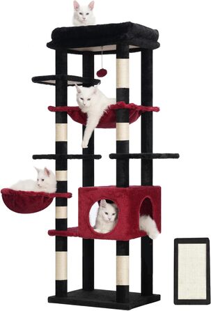 Котячий будиночок Hey-brother Kratzbaum: багатоярусний, 145 см, з лежаком, гамаком та кошиком (червоно-чорний)