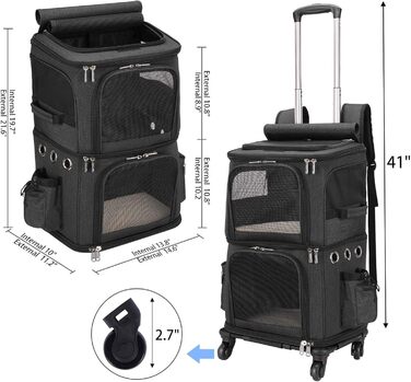 Трансформер-переноска для котів та собак, рюкзак-переноска на колесах для 2 тварин, чорний, для подорожей та до ветеринара
