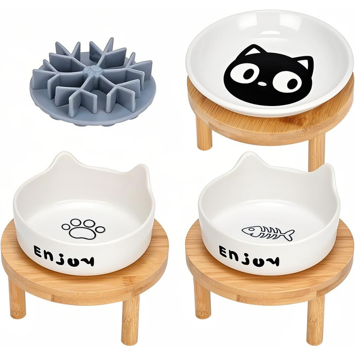 Підвищений миска для котів з силіконовим дозатором для повільного годування, широка керамічна миска для котів на підставці з бамбука, зручна для вусів, годівниця для води або корму для домашніх тварин, фуд-стейшн для білого/розкішного саду