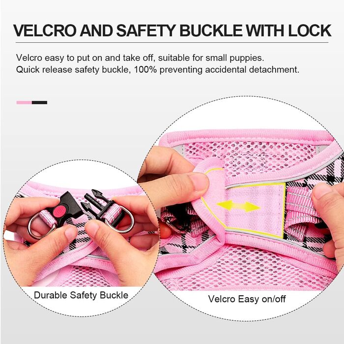 Нашийник для собак маленьких порід з повідком, анти-тягнучий, світловідбиваючий, дихаючий, нагрудник для цуценят (S, обхват грудей: 29-33см) (Рожевий в клітинку, XL (обхват грудей: 46-53см, вага: 8-10.5кг))