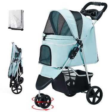 Візок для собак до 15 кг, складаний, з кошиком для зберігання, сітковими вікнами, блакитний, з дощовиком