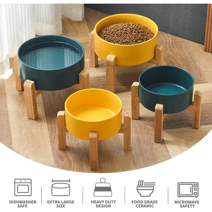 Керамічна годівниця для тварин Welloyed з піднятим, антиковзним підставкою з бамбука, 20,3 см, підходить для миття в посудомийній машині та мікрохвильовці, запобігає блювоті, міцна годівниця для середніх порід