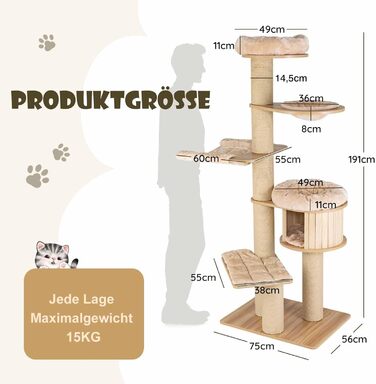 Багатоповерховий котячий комплекс COSTWAY з дерева, 191 см: кігтеточка, гамак, будиночок, кошик, стовпчики з сизалю, активний ігровий комплекс для котів, бежевий, 6 поверхів
