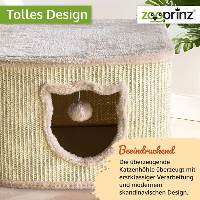 Преміум будиночок для котів Zooprinz – котячий кошик з товстими сизалевими стінами, печерка з м'яким плюшем та іграшкою, котячий будиночок у скандинавському стилі (Бежевий)