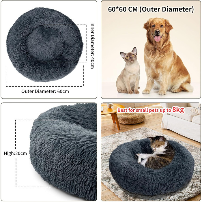 Кругле ліжко для котів та собак Donut-Katzenbett: м'яке, затишне, з підігрівом, антистрес, 60 см, темно-сірий