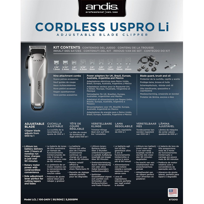Andis Професійний волоссяний тример з літієвим акумулятором - бездротовий/провідний, регульована клинка, 2 години роботи, для будь-якого віку, срібний