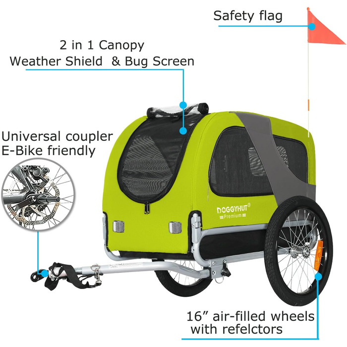 DOGGYHUT® Преміум велосипедний причіп для собак середнього розміру (до 23 кг), складаний, зелений