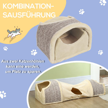 PawHut Cat Tunnel Play Tunnel Ігровий тунель з 2 будиночками, 3 отворами, складаний тунель для домашніх тварин до 6 кг, закритий, бежевий | Аосом