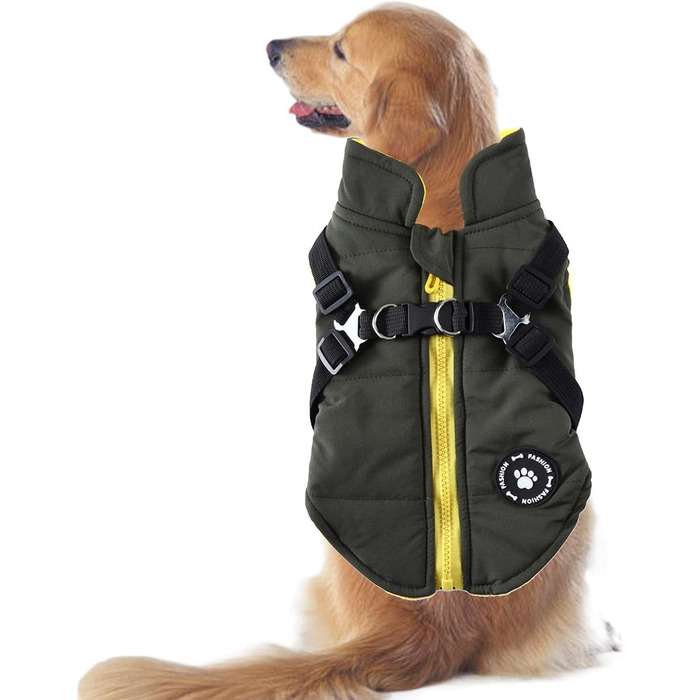 Водонепроникний теплий зимовий одяг для собак: куртка-жилет з шлейкою, утеплена, для цуценят та собак середніх та великих порід, зелений, розмір L