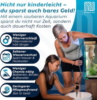 Нінора® Мульмсмукач для акваріума – очищувач ґрунту, заміна води з насосом та шланговим клапаном | Безпечний для риб, без хімії | Для малих та великих акваріумів | Аксесуари для акваріума з електронною книгою