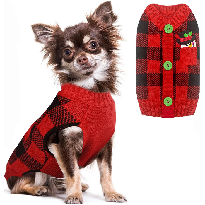 Теплий пуловер для собак з принтом ведмедика (M, червоно-чорний клітка)