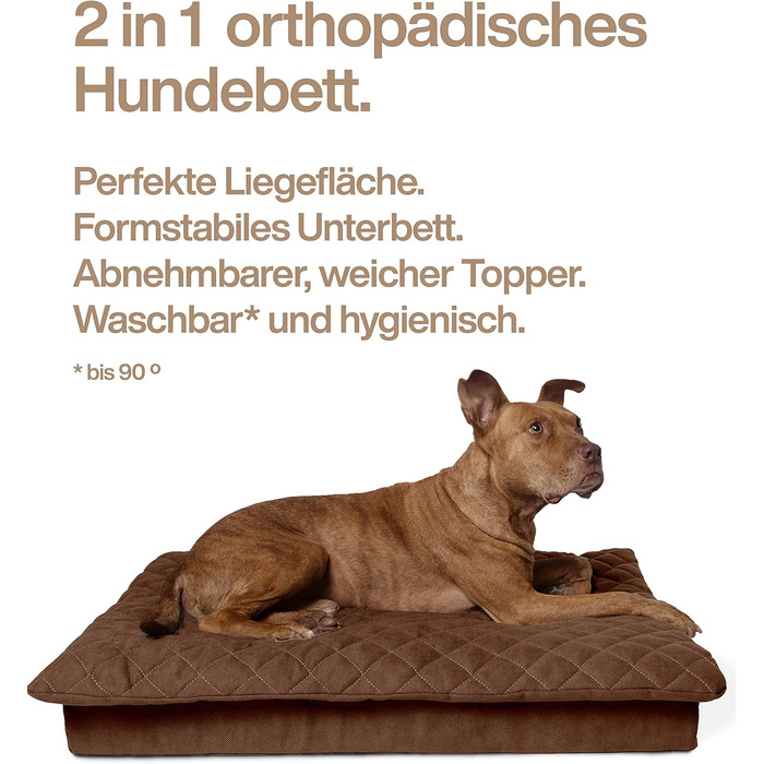 Велике собаче ліжко XXL 120 см сірого кольору з знімним топером, стабільне та зручне, подушка для собак у дорогу, прання до 90°C, для великих та середніх собак (L 90x60x12 см, Колір: коричневий)