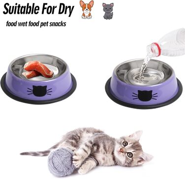 Набори мисок для котячого корму та води, нержавіюча сталь, з гумовим дном, фіолетовий, 2 шт.