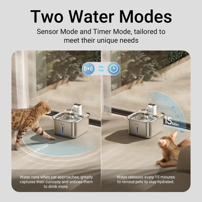 Ка fountain для котів DownyPaws: бездротовий фонтан з нержавіючої сталі, 3л, з датчиком руху, тихий, легко миється