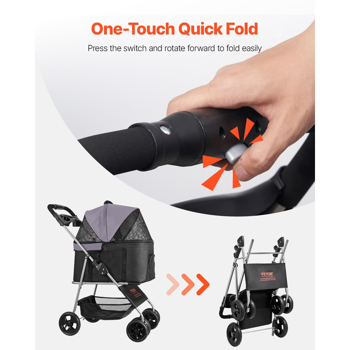 Візок для собак VEVOR 81x46x97 см, вантажопідйомність 16,9 кг, складний, знімний кошик та сітчасті вікна, гальмо, для маленьких та середніх собак