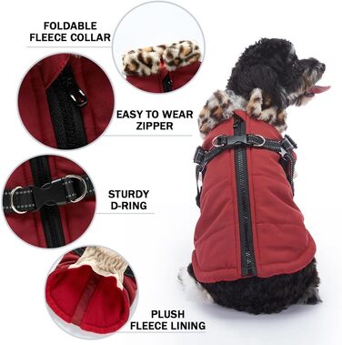 Зимова куртка для собак з інтегрованим нашийником, водо- та вітронепроникна, теплий одяг для цуценят та собак малих та середніх порід для активного відпочинку на відкритому повітрі (червона, S)